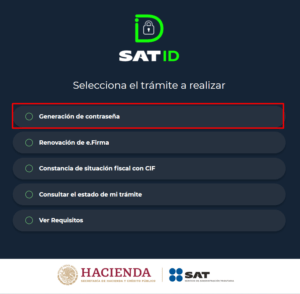 como recuperar contraseña de sat: imágen que muestra la opción de generación de contraseña